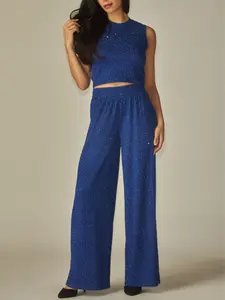 Crinkled Plisse Pants and Sleeveless Top Set With Rhinestones -  Conjunto De Pantalón & Top Sin Mangas En Material Plisado Arrugado Con Pedrería