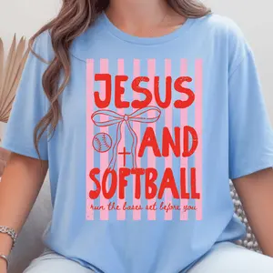 Jesus and Softball Cute Cotton Tshirt for Fans - Gildan G5000 Crew Neck Summer Top