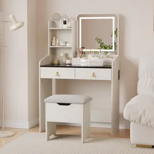 【GARVEE】LED Lighted Mirror Vanity Desk with Charging Station – 2 Storage Drawers & Stool – Small Makeup Table for Bedroom, Modern Design for Girls & Women – Multiple Color Options