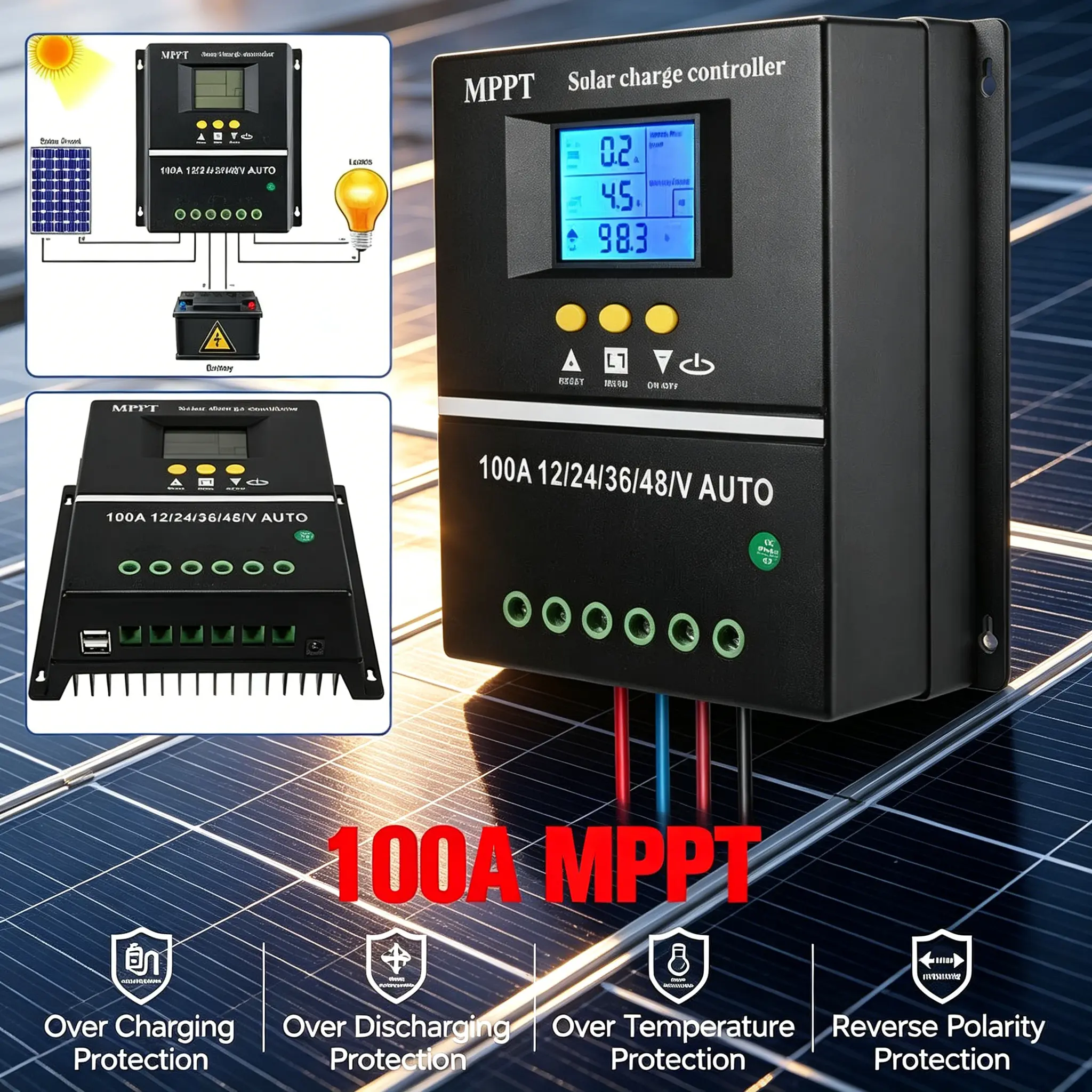 100A MPPT Solar Controller 4000W 12V-48V Auto Battery Regulator USB Output Efficient PV Power Charger