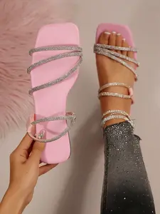 Summer Flat Rhinestone Sandals, Two-In-One Slip-On Slippers, Fashionable Beach Shoes for Dating, Shopping, Parties, Daily Outing