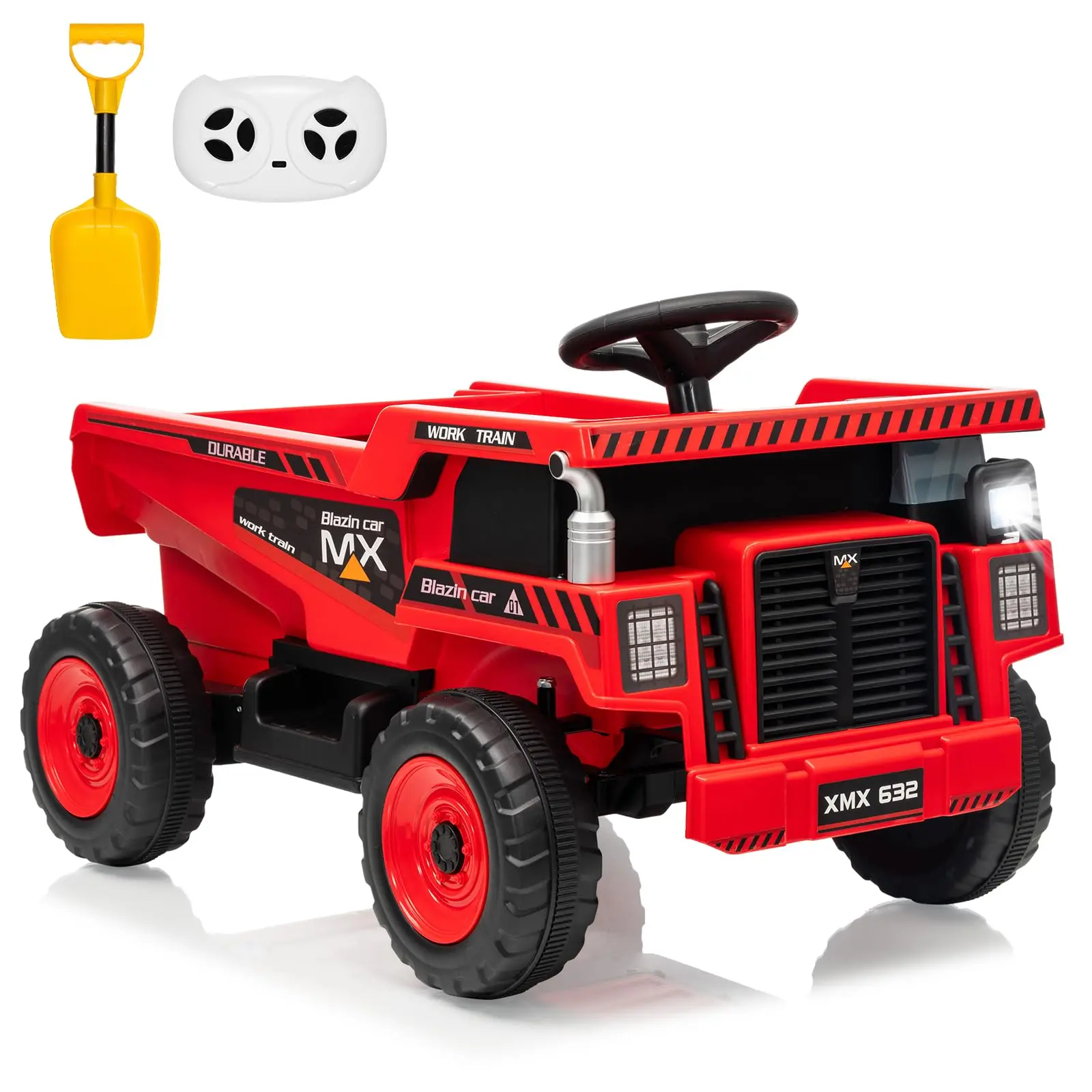GARVEE 12V Electric Ride On Dump Truck with Remote Control, Dump Bed, Shovel, LED Lights, and Music - 4 Wheeler Construction Vehicle for Toddlers Ages 3-8, Red