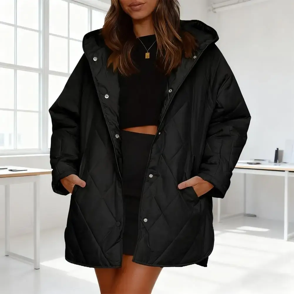 Hooded Puffer Coat Women Quilted Puffer Jacket Hooded Long Sleeve Winter Padded Down Coat Lightweight Warm Jacket With Pockets