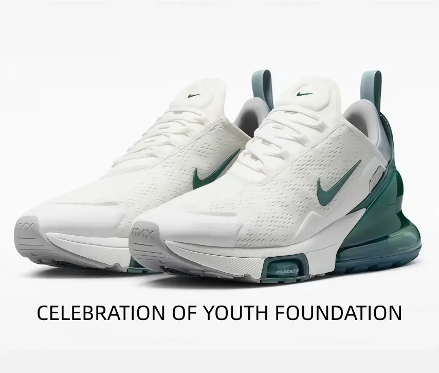 Clean White Athletic Sneakers with Deep Forest Green Accents & Visible Heel Air Unit – Breathable Mesh Upper for All-Day Comfort & Urban Style