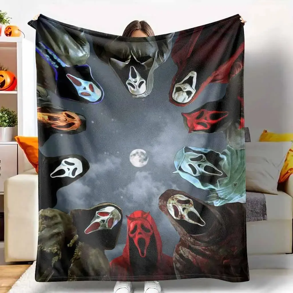 Horror Mask Flannel Blanket Moonlit Hooded Skull Print Design Soft Warm Lightweight Fade Resistant Cozy Throw Perfect for Sofa Bedroom Camping Halloween Party Gift Decor tiktokshopspringglowup