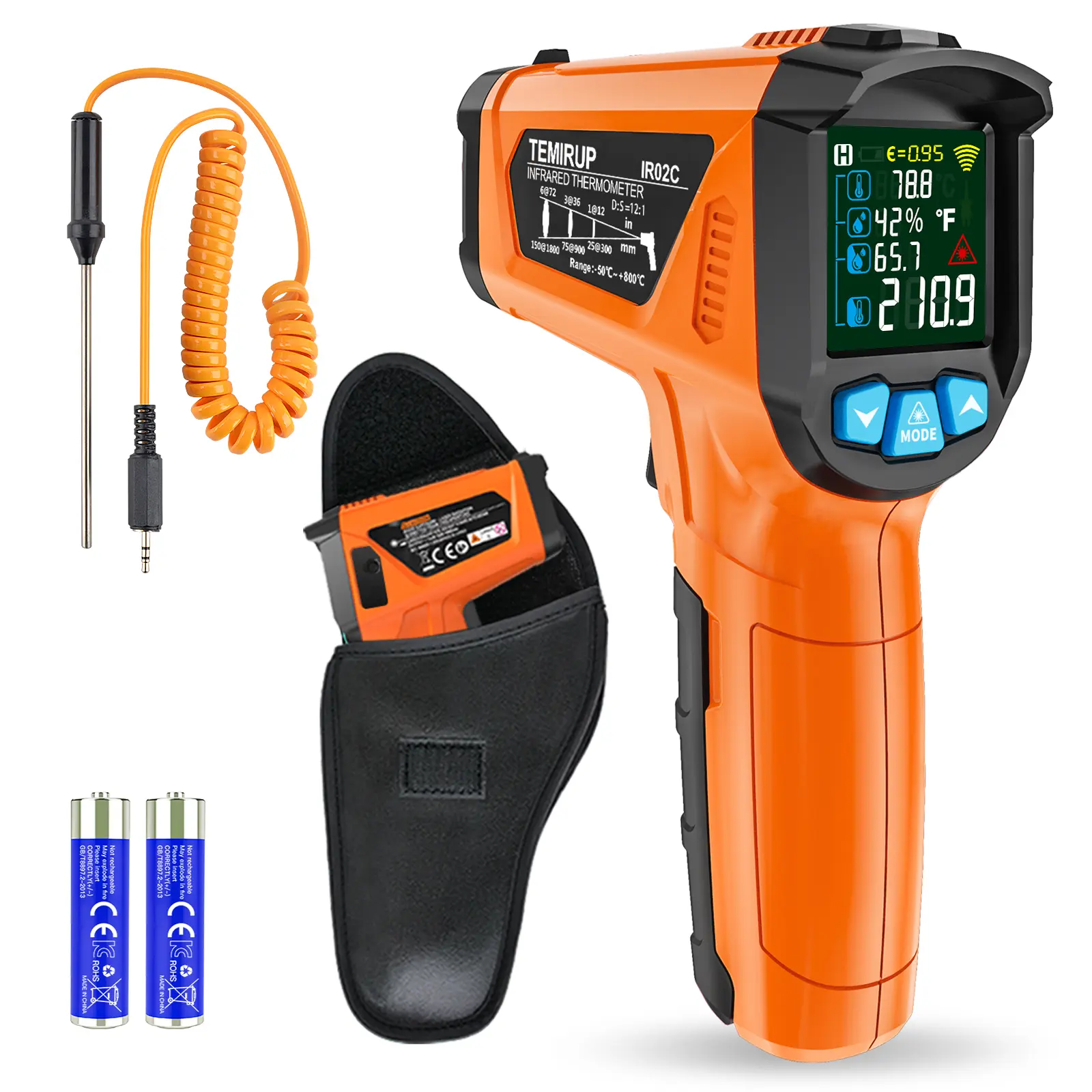 Infrared Thermometer Gun,TEMIRUP,Laser Thermometer Gun -58°F～1472°F(-50°C～800°C), Non-Contact Temperature Gun with K-Type Probe, Color Display, Adjustable Light Alarm for Cooking, Pizza Oven, BBQ, Fridge, All Engines, Industrial Production emissivity