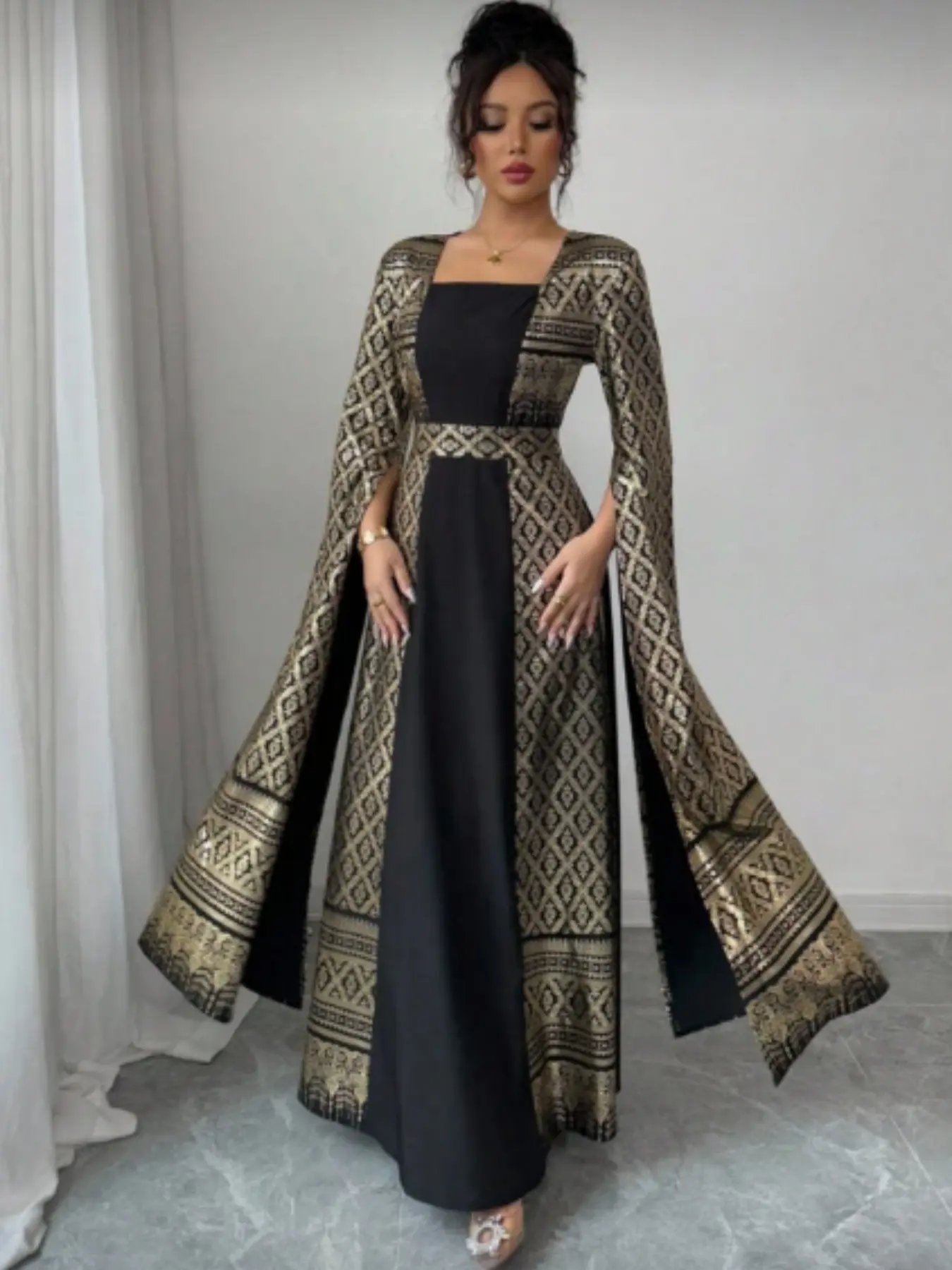 Elegant Long Dress, Loose Fit Square Neckline, Long Sleeve, Embroidery, Geometric, Ethnic Style, Slimming Design, Party Gown, Middle East Fashion