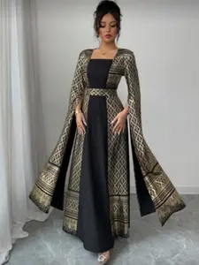 Elegant Long Dress, Loose Fit Square Neckline, Embroidery, Geometric, Ethnic Style, Slimming Design, Party Gown, Middle East Fashion