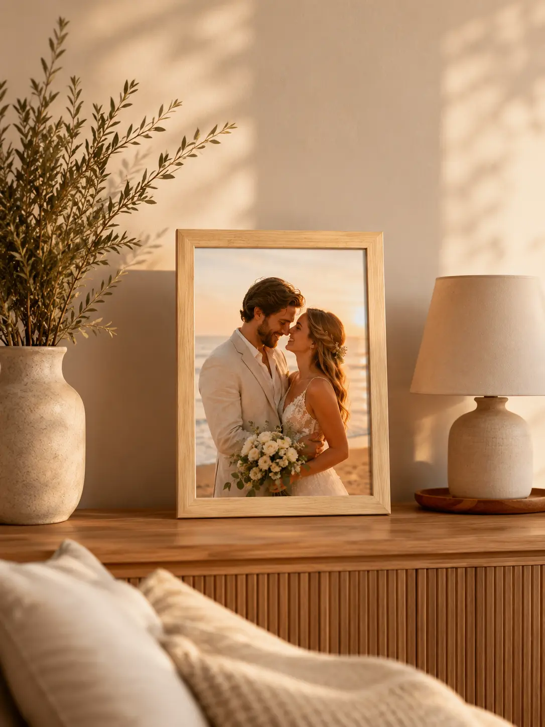 Personalized Framed Canvas Print, Custom Photo Wall Art with Pine Wood Frame, Wedding Couple Family Portrait Gift, Anniversary Home Decor