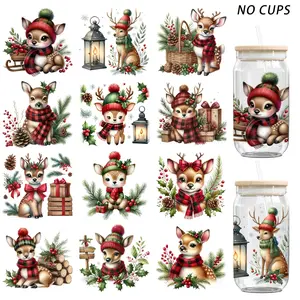 12Pcs Christmas Reindeer UV DTF Transfer Stickers, Waterproof High Viscosity Decals for 16oz Cups, Jars, Mugs, Bottles, Frames & DIY Decor