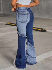 Teen Girls Fashion Colorblock Washed Elastic Flare Jeans High Waist Denim Jeans, Stylish Youthwear for Casual