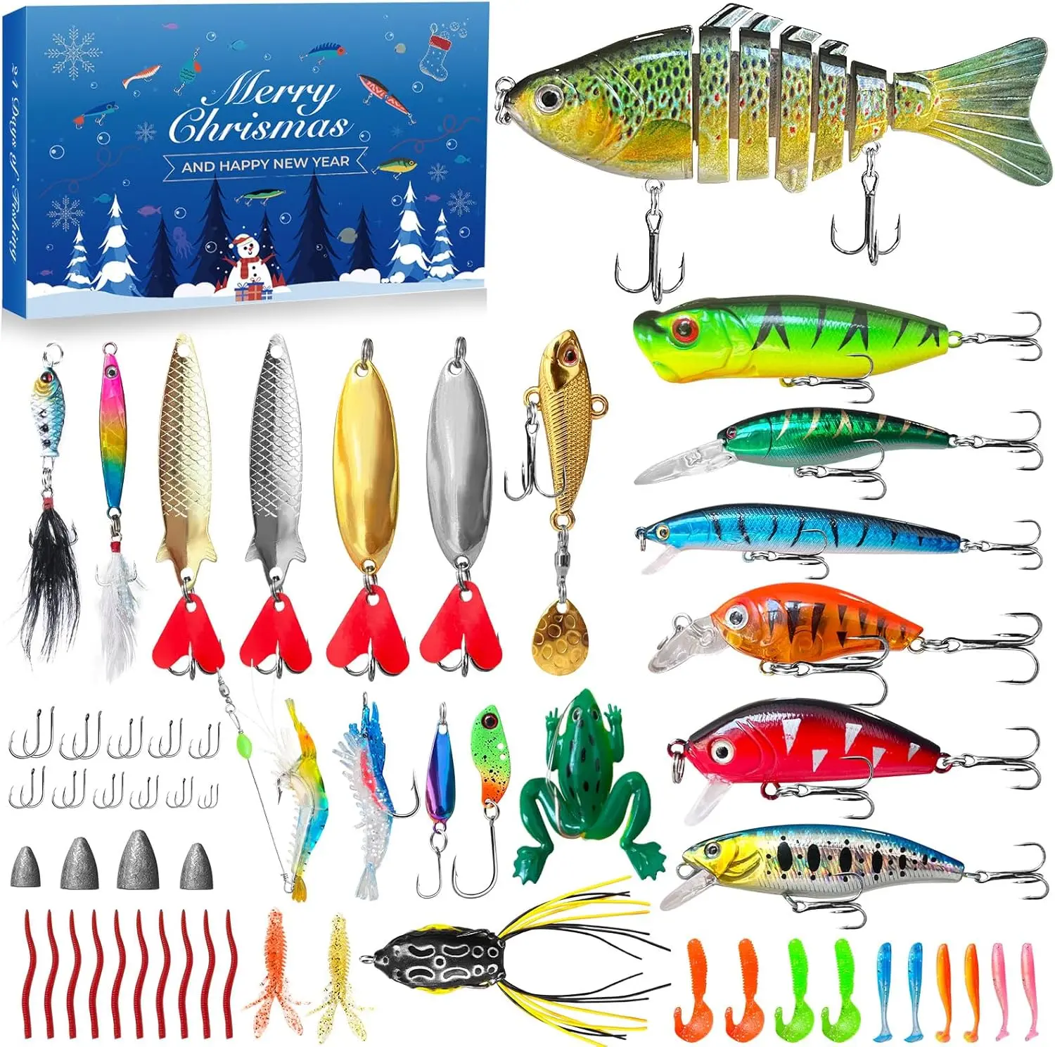 2025 Fishing Gear Advent Calendar, 68-Piece Tackle Kit with Fishing Hooks, Lifelike Lures, Soft Plastic Baits, Multi-Jointed Swimbait, 24-Day Christmas Gift for Men, Husbands