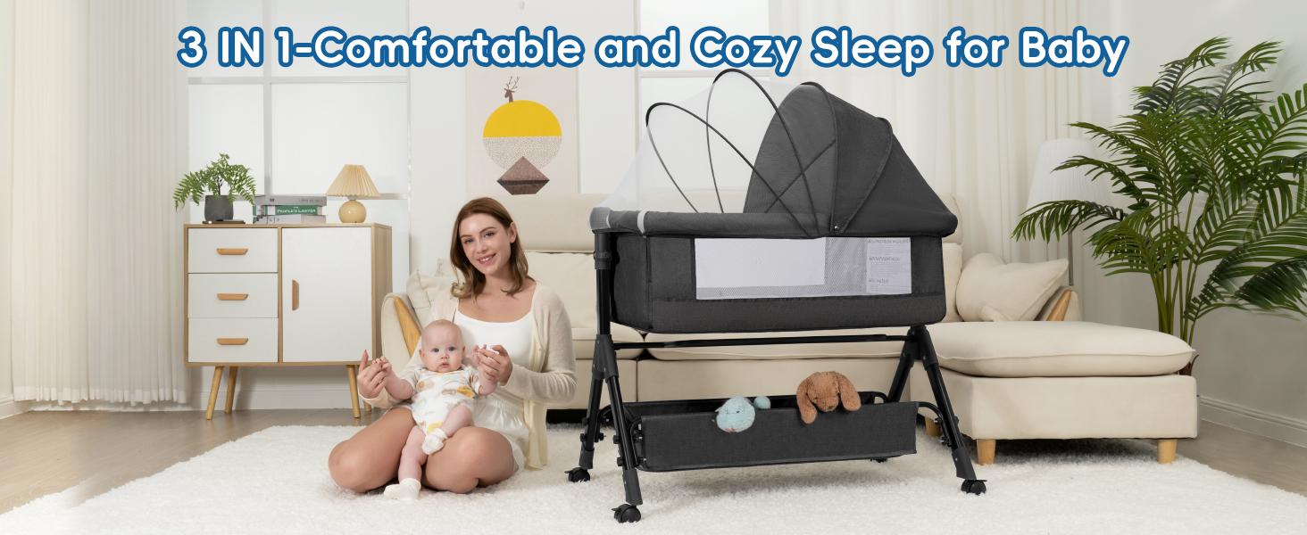 Baby Bassinet, Crib For Infant And Newborn, Bedside Sleeper With Storage Basket And Mosquito Net, Easy To Fold, Height Adjustable, Portable Side Bed Crib Portable