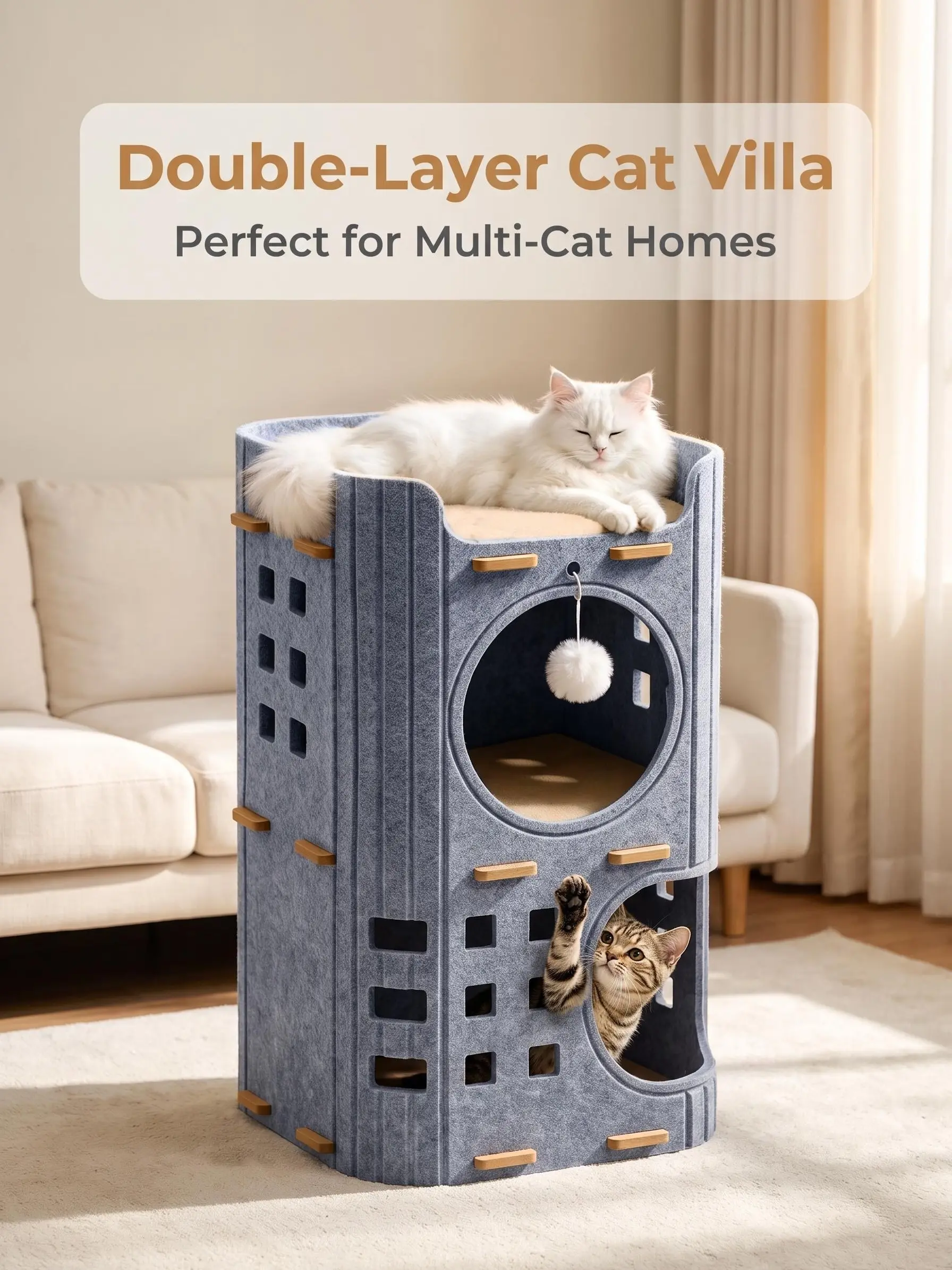 Double Layer Felt Cat Villa Tower, Multi Level Cat House with Independent Hideout, Scratch Resistant Corrugated Scratch Pad Indoor Cat Condo for Multi Cat Household