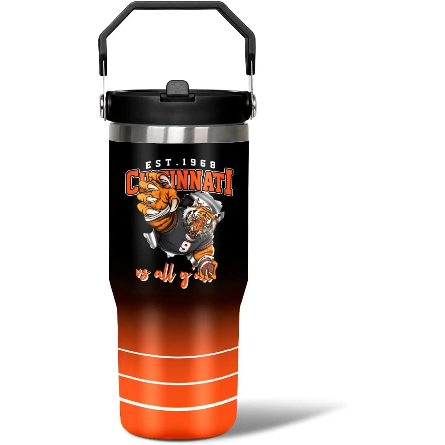 30oz Stainless Steel Cincinnati Classic Printed Football Tumbler - 1,000-2,000 ml, BPA-Safe, Portable, Spillproof Lid, Flip Straw, Handle, Traditional Cup for Adults, Football Fan Gift for Contests, Mug, Leak-Proof