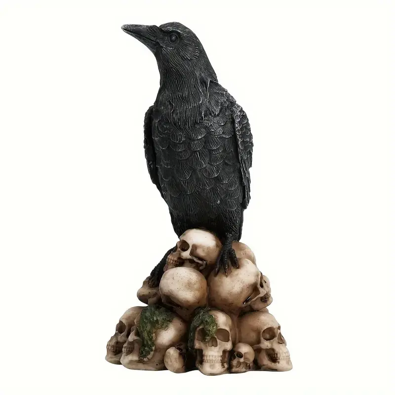Gothic Crow & Skull Statue Figurine, Decorative Figurines, Dark Gothic Decor Ornaments, Elegant Resin Halloween Decoration, Durable Desktop Centerpiece Display for Shelf, Vintage Design