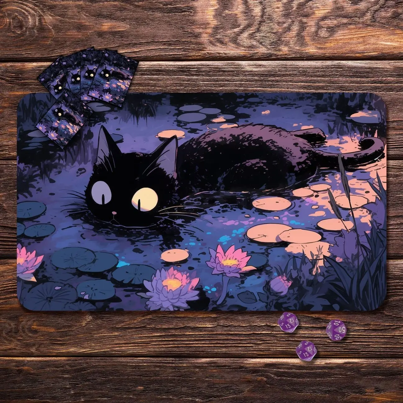 MTG Playmat - Water Lily Cat, 24"x14" or 31"x15.5", Custom Playmat For TCG
