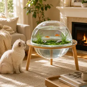 24" Large Cat TV Cave with 360° Fish Tank & Internal Tunnel – Heavy-Duty Plywood Base, Acrylic Aquarium Cat Enrichment for Indoor Cats
