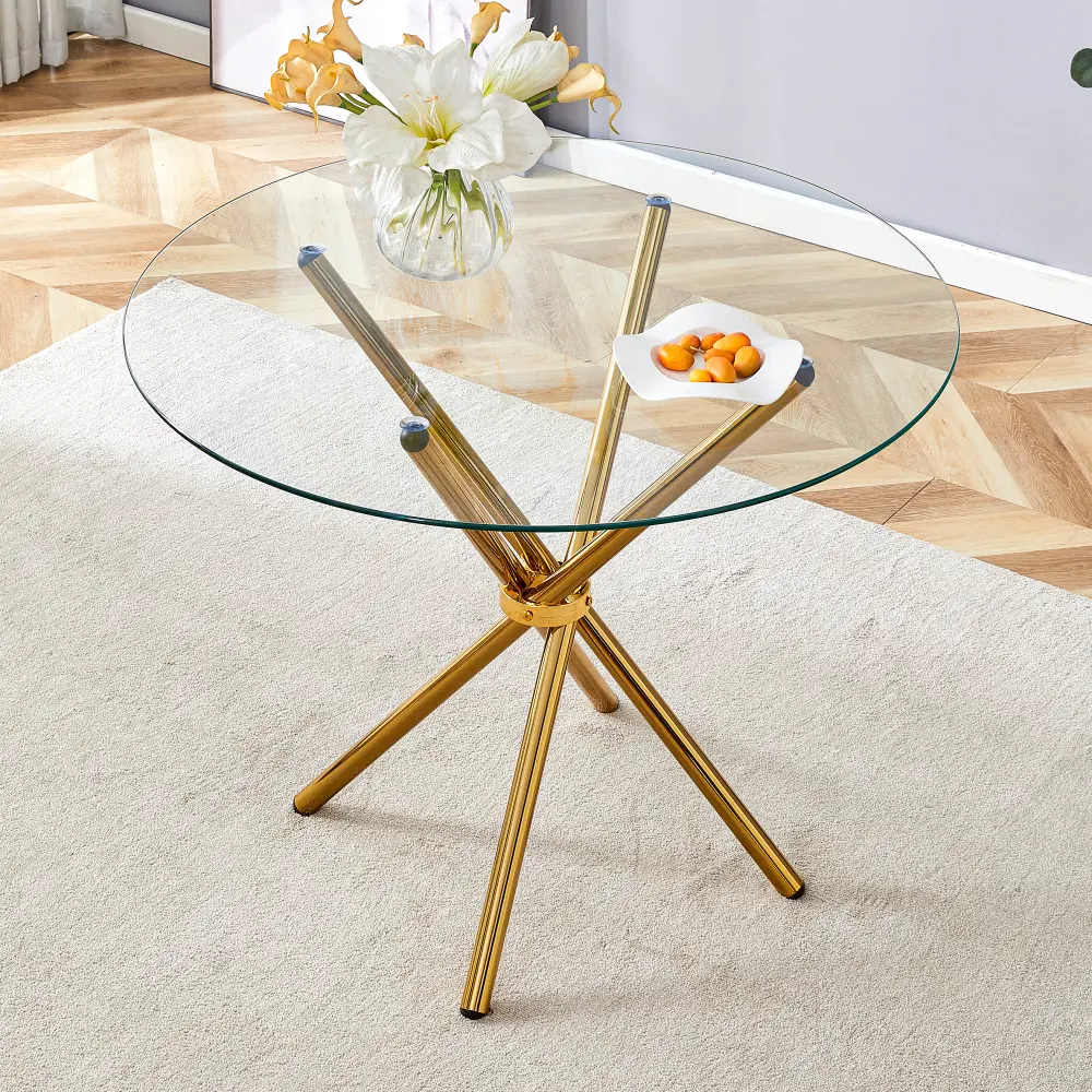 Round Clear Glass Dining Table - 4-6 Seater with Unique Shape, Ring-Gathered Gold Metal Legs, Suitable for Dining Rooms, Kitchens