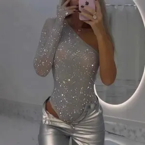 Sparkling Rhinestone One - Shoulder Bodysuit Perfect For Party Nights, Club Outfits & Glam Photos, Shine Bright Like A Star bodysuits women shapewear bodysuit Fabric Polyester Womenswear Solid Style Tops(Raincoats)(Sheet)