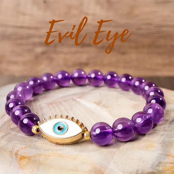 Evil Eye Healing Crystal Bracelet | 8mm Smoky Quartz, Tiger's Eye, Lapis Lazuli, Amethyst, Howlite, Red Agate, Orange Agate, Garnet, Chrysocolla Beads