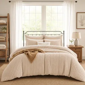 MUXHOMO 7 Pieces Comforter Set, Seersucker Bed in a Bag,girly bedroom decor,Summervibes, All Season Luxury Bedding Set with Comforter, Flat Sheet, Fitted Sheet, Pillowcases & Shams, Beige