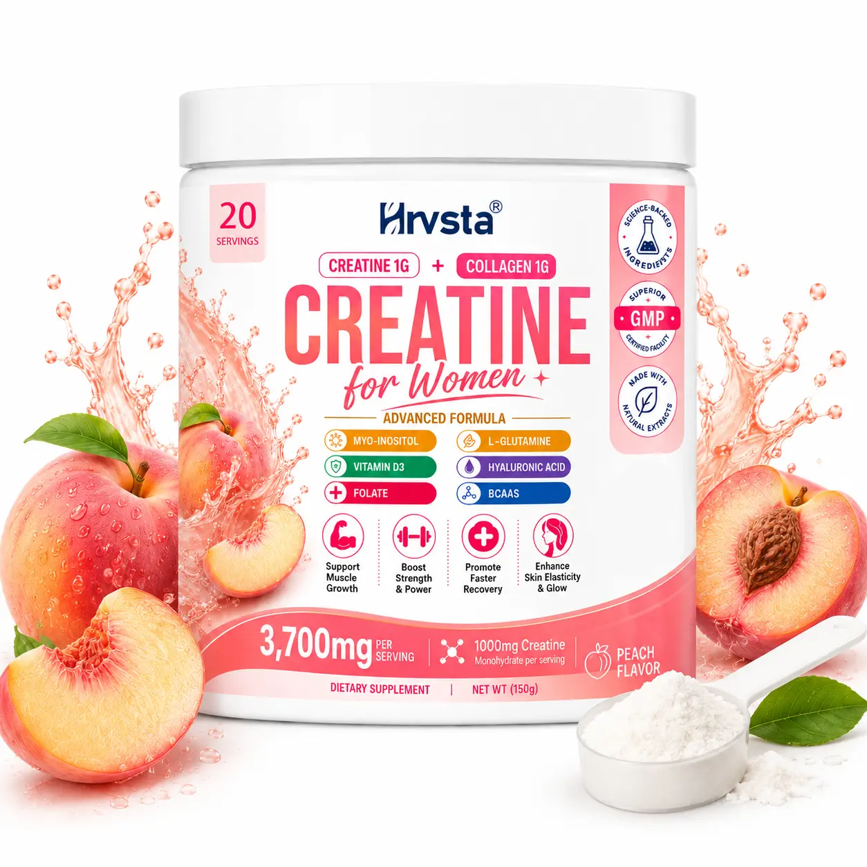 Women's Creatine Powder Dietary Supplement with Collagen, Peach Flavor, Advanced Formula Including Inositol, BCAAs, Hyaluronic Acid & Vitamin D3, 20 Servings for Fitness & Healthcare, Muscles
