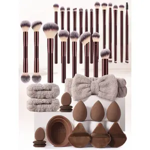 2026 Upgrade Version9/21/37PCS Makeup Tools Set Including:21PCS Makeup Brush Set+3PCS Makeup Sponges+3PCS Mini Makeup Sponges+3PCS Triangle Powder Puffs+3PCS Mini Air Cushion Powder Puffs+1pc Hairband+2PCS Hand Bowl Strap+1pc Makeup Brush Cleaning Tools,T