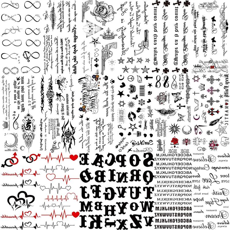 18 Sheets Black Inspired Quotes Temporary Tattoos For Women Kids Children Long Lasting Letter Alphabet Words Fake Tattoo Stickers Birds Cross ECG