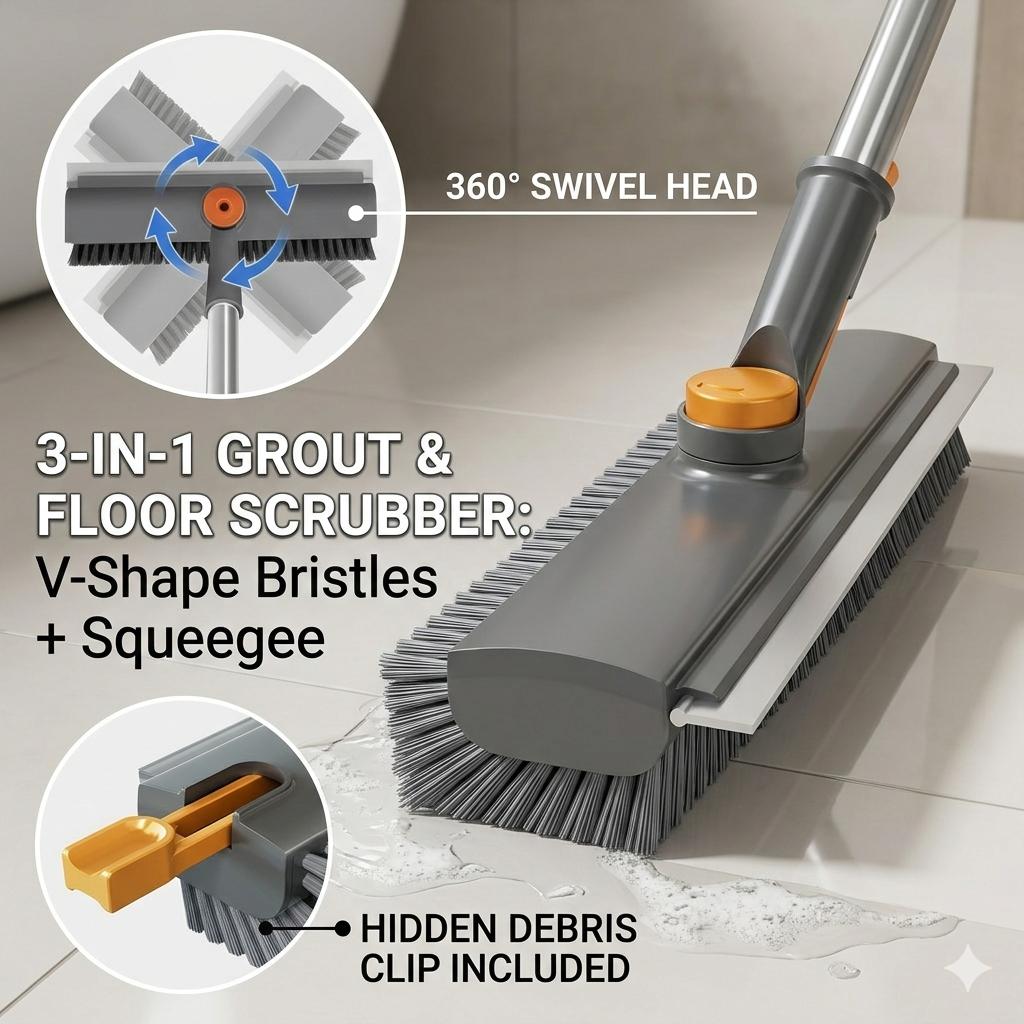 A-3-in-1 Floor Scrub Brush with Long Handle, Heavy Duty Stiff Bristle Scrubber with Squeegee, Multipurpose Cleaning Brush for Bathroom, Shower, Patio, Garage, Deck and Tile Grout A-3-in-1 Floor Scrub Brush with Long Handle, Heavy Duty Stiff Bristle Scrubber with Squeegee, Multipurpose Cleaning Brush for Bathroom, Shower, Patio, Garage, Deck and Tile Grout