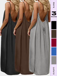 Women's Backless Strapless Dress, Casual Flattering Sleeveless Long Sundress with Back Tie Design, Minimalist Pure Color Home Wear, Womenswear