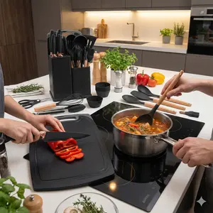 28-Piece Kitchen Utensil Set Non-Stick Silicone Tools Sharp Knives Cutting Board Perfect for Home Cooking Black & Pink Options