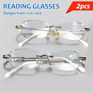 2-Pack Sparkle Rimless Reading Glasses for Women Blue Light Blocking PC Lenses Lightweight Metal Frame Face-Flexing Nose Pads Stylish Eyewear for Computer & Reading