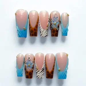 D301 Long COFFIN Blue/Tortoise Shell Acrylic Press-Ons with Zebra Patterns for Stylish Nails