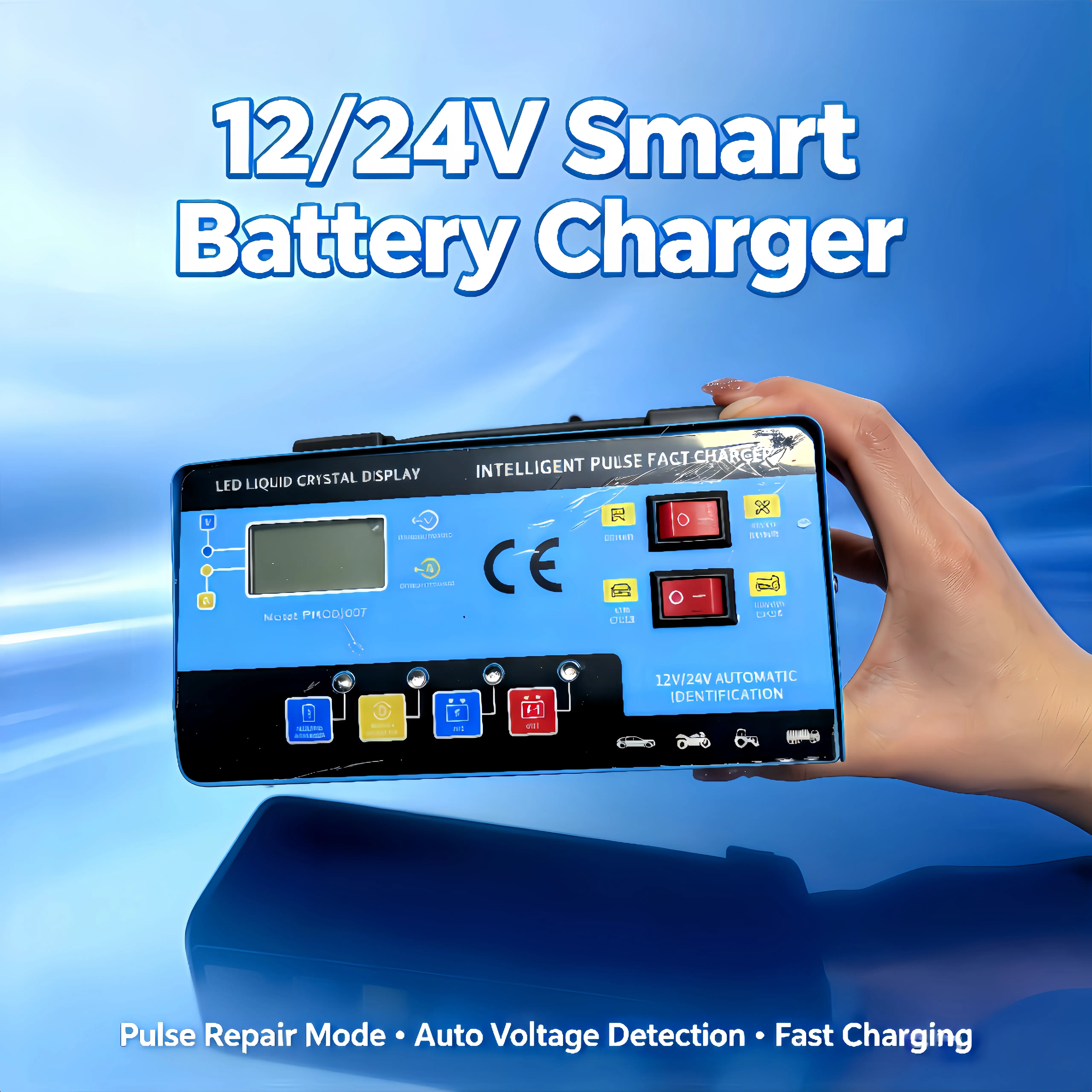 12V-24V Compact Plug-In Smart Pulse Battery Charger Unit with LCD Screen, Auto-Recognition Desulfator, Full Charge Auto-Stop, Multi Safety Protection, Kill Switch, Extension Cable for Cars/Motorbikes