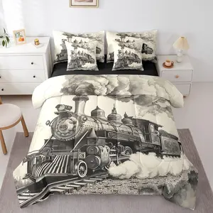 7Pcs Vintage Train Comforter Bed Set with Sheets,Train Country Locomotive Bed Bag,Kids Teens Adults Wooden Wagons Bedding Set,Rail Road Smoke Comforter,