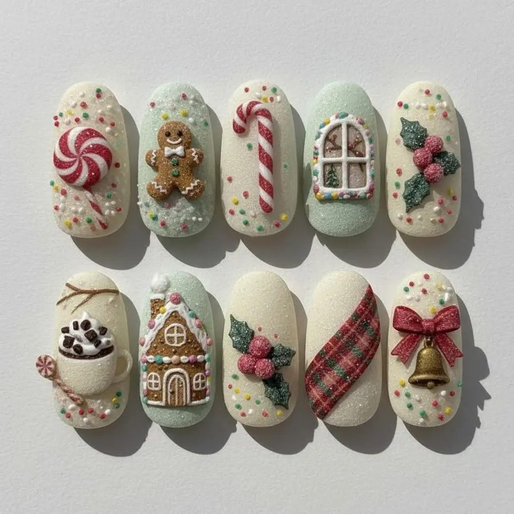 Mistletoe Christmas Nails, Whimsical Gingerbread House Nail, Handmade 3D Nails, Candy Cane Nails, Hot Chocolate Christmas Press On Nails