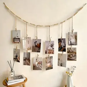 Boho Wooden Bead Photo Display - 13-Clips Double-Row Lightweight Farmhouse Wall Decor, No-Nails Flower Garland Picture Organizer for Dorm Bedroom