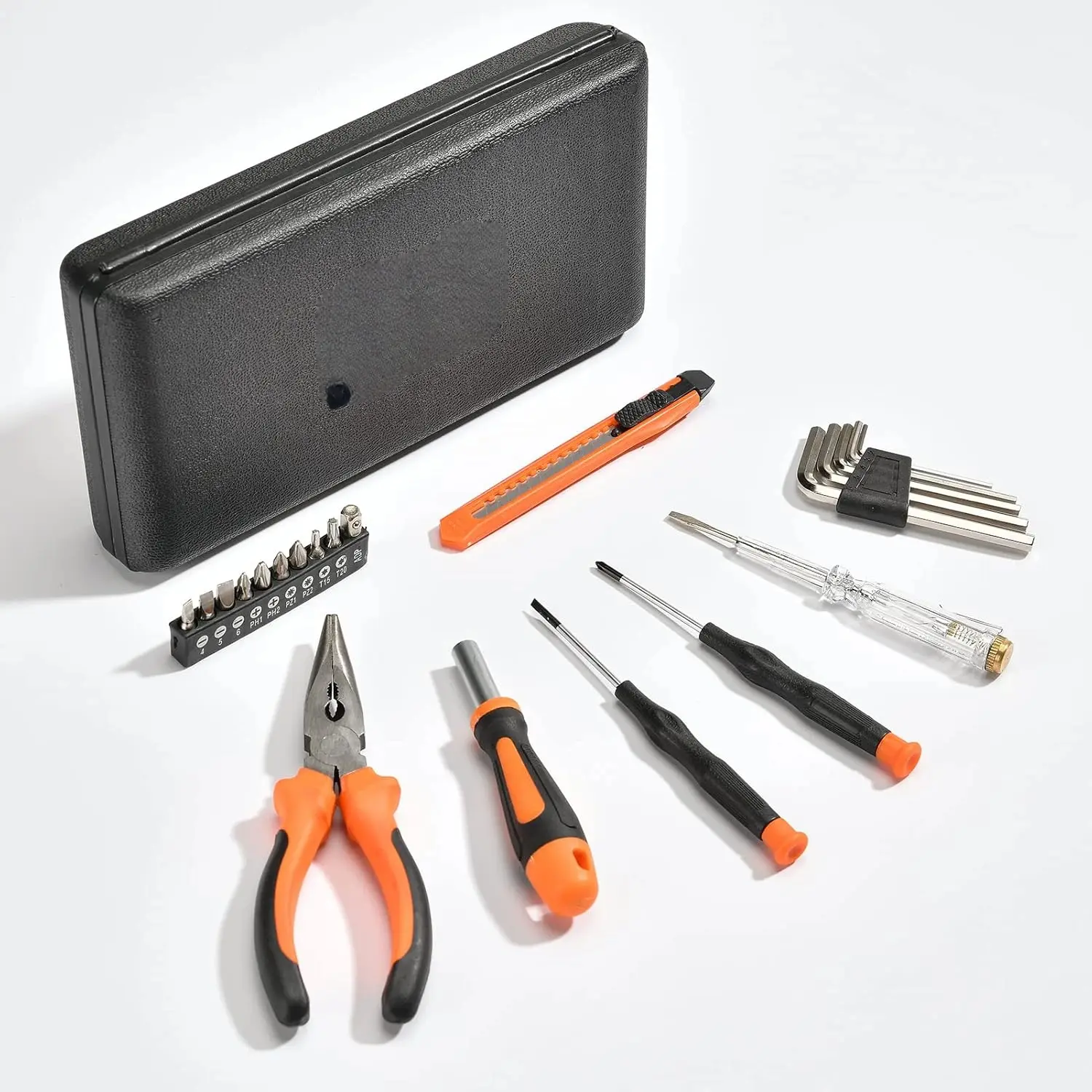 6-Inch Ergonomic 22Pcs High-Strength Compact Tool Set with Pliers, Screwdrivers, Screwdriver Bits, Voltage Tester, Amateur-Friendly Portable Toolbox for DIY Projects