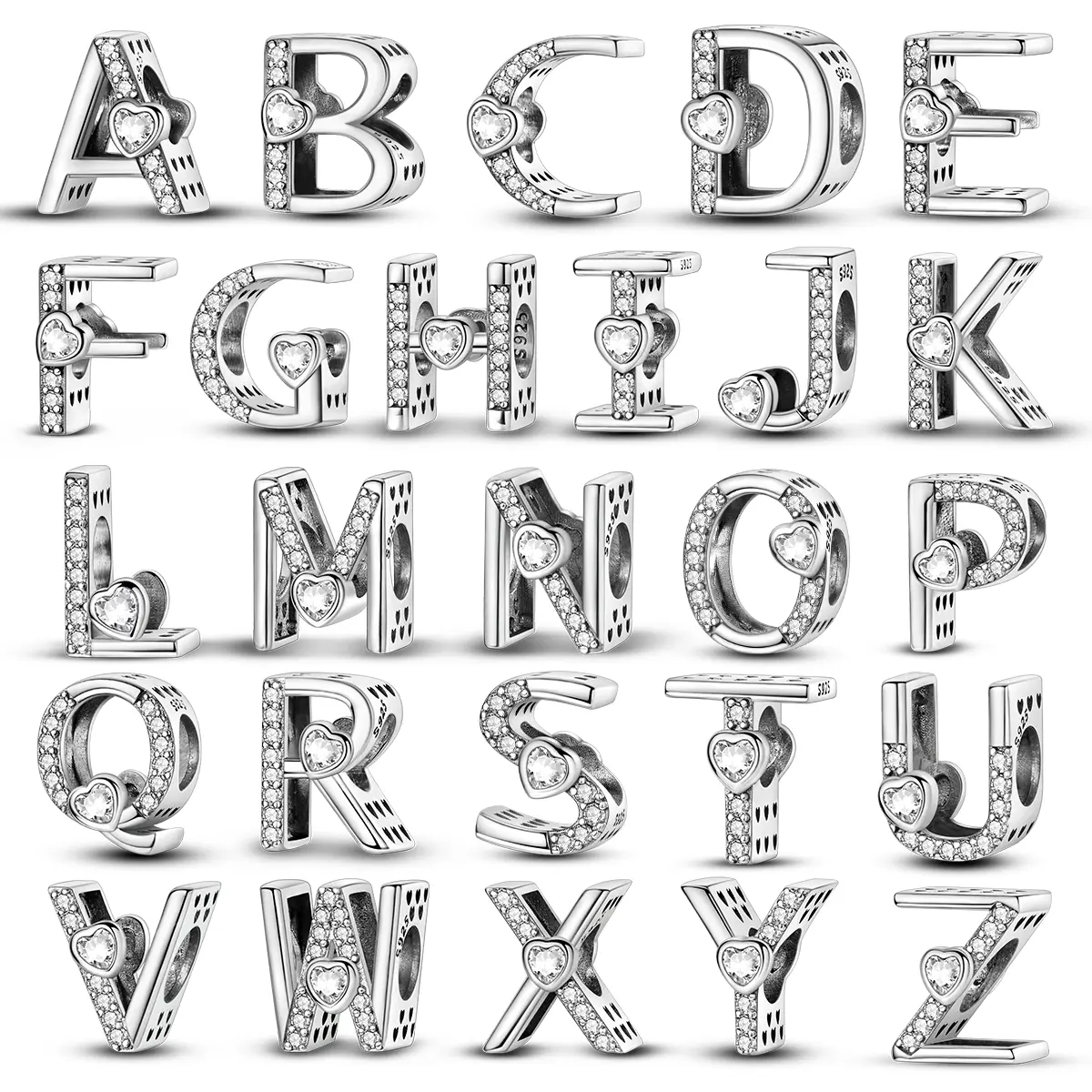 MULA 4.5mm 925 Sterling Silver Initial Charm - Heart-Shaped Alphabet Pendant with Sparkling Cubic Zirconia, Compatible with Women's Pandora Bracelets & Necklaces, Personalized Birthday Gift