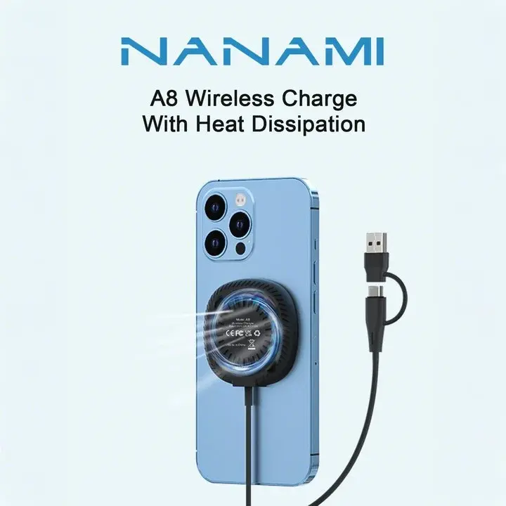 NANAMI A8 - Magnetic wireless charger featuring Efficient Heat Dissipation System, fast charging pad for Apple, MagSafe charger for iPhone 16/15/14/13/12 series, charger for Airpods 4/3/2/Pro/Pro 2, 20W PD USB-C charger adapter included Smartphone