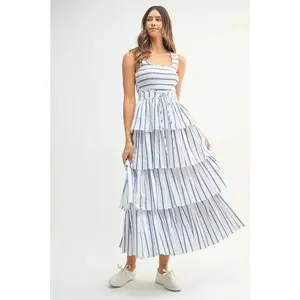 MABLE Pin Stripe Smocked Bodice Layered Midi Dress