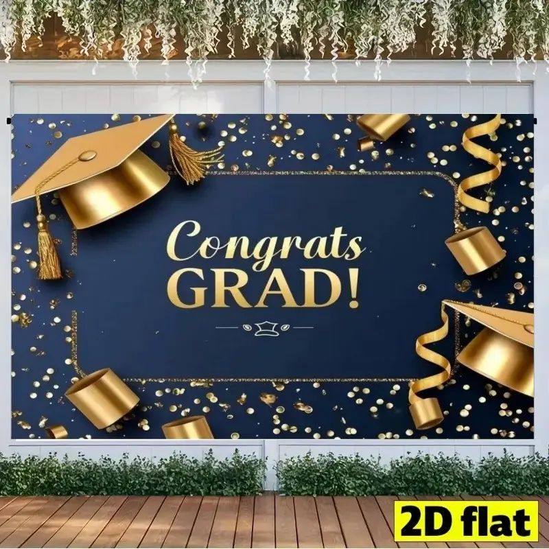 2D Flat 1pc Navy Blue Gold Graduation Backdrop Banner, Congrats Grad Cap Gold Confetti Photography Background, Ideal for High School College Graduation Party Decor, Graduation Party Decorations, Multiple Sizes Available