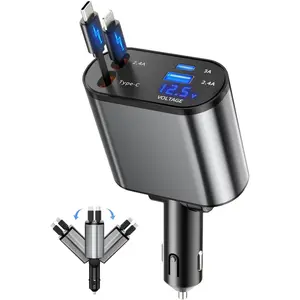 Retractable Car Charger, 4 in 1 Fast Charging Car Charger with USB-C & USB-A, Compatible with iPhone and Android Car Accessories for Men Women Drivers