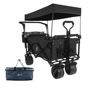 Napfox Folding Wagon with Canopy and Cooler Bag Big Wheels for Beach Trips and Camping Wagon Chart Outdoor Collapsible Garden Cart Interior