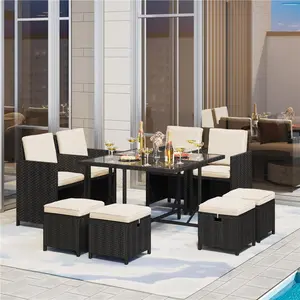 【3 Packages Delivery】Yaheetech 9-Piece Patio Dining Set Outdoor Space Saving Rattan Chairs with Glass Table & Ottomans, Wicker Furniture Set with Removeable Cushions