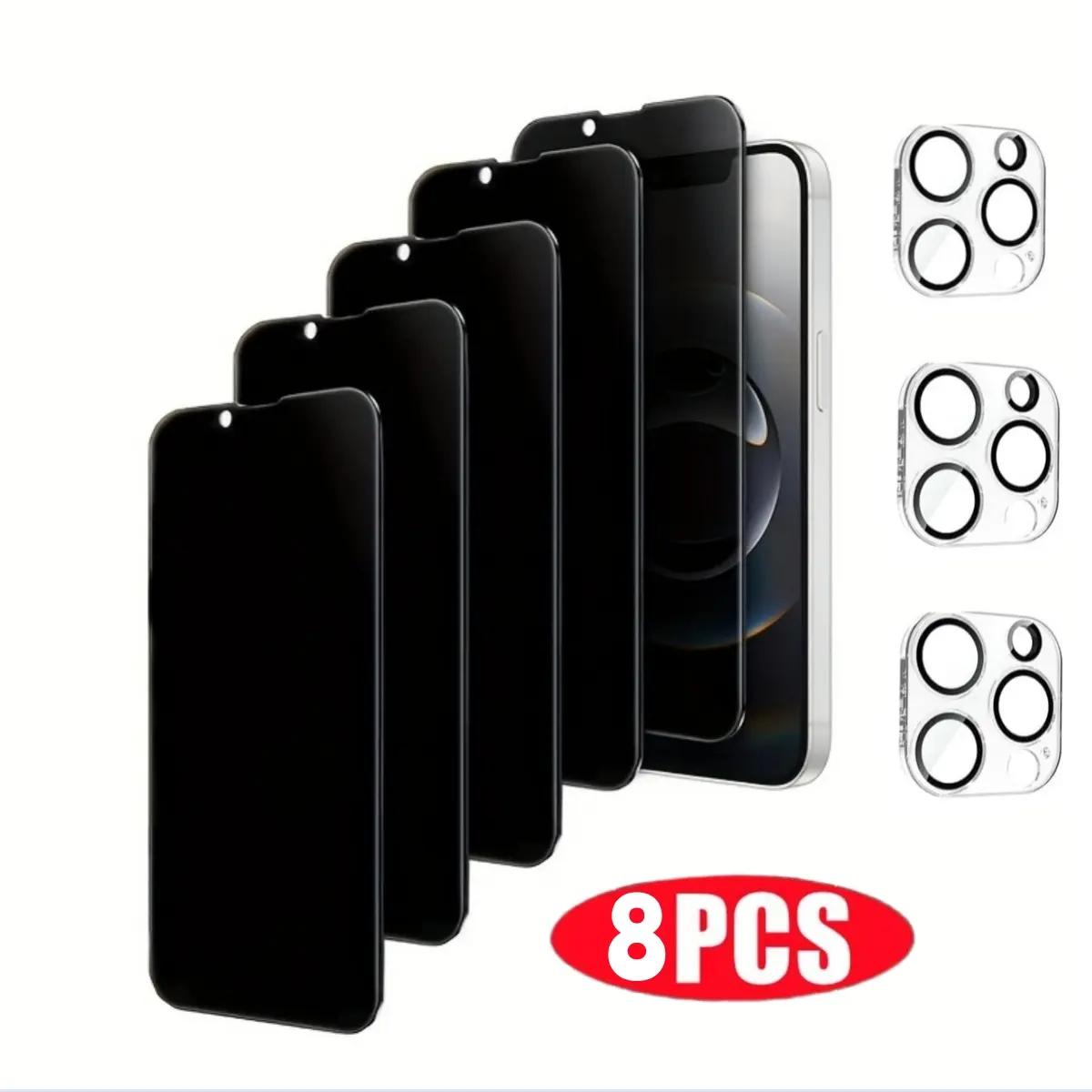 5PCS Tempered Glass Anti-Peeking Privacy Screen Protectors + 3PCS Camera Lens Protector Set for iPhone 16E/16 Plus/Pro Max/15/14/13, Full-Coverage, Flash-Compatible, Protective Handheld Cellphone Devices Accessories with Easy Installation, 5Pcs+3Pcs, Ipho