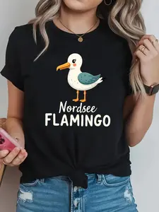 Nordsee Flamingo Letter Print T-shirt, Short Sleev