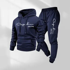 Men's Carpe Diem Letter Printed Hoodie and Drawstring Sweatpants Set, Menswear, Casual Athletic Long Sleeve Hooded Jacket & Trousers for Fall & Winter, Men's Clothing for Daily Wear, Sportswear Indoor Outdoor, Tracksuit, Athleisure Summer Clothes