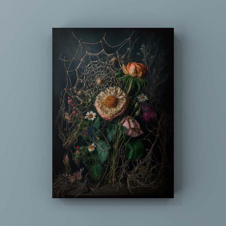 Gothic Floral Wall Art, Flowers and Spiderweb, Moody Aesthetic, Botanical Antique Painting, Dark Academia Decor, Room Decor